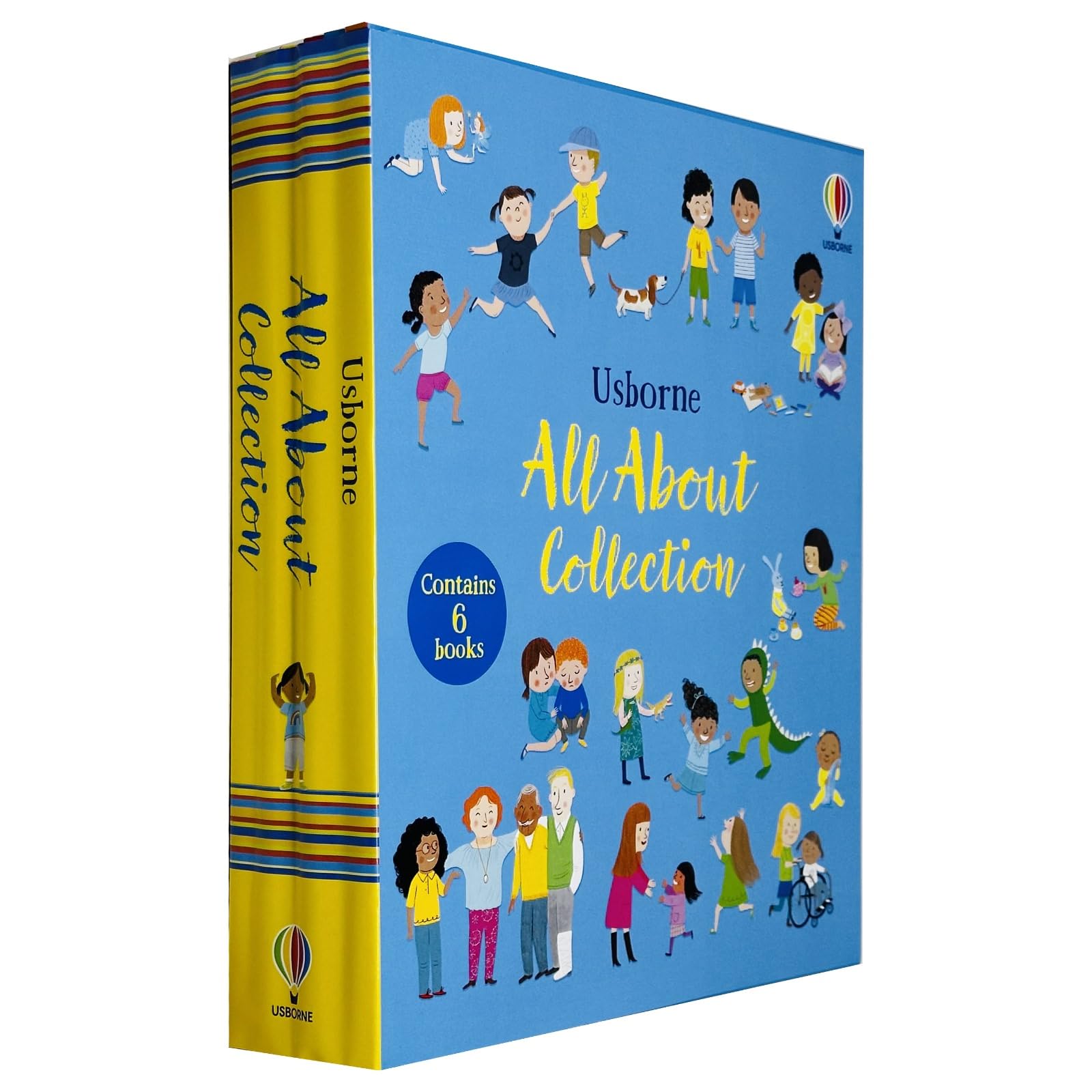 Usborne All About Series 6 Books Collection Set by Felicity Brooks, hardback front covers showing Feelings, Families, Diversity, Friends, Worries and Fears, and Your Body