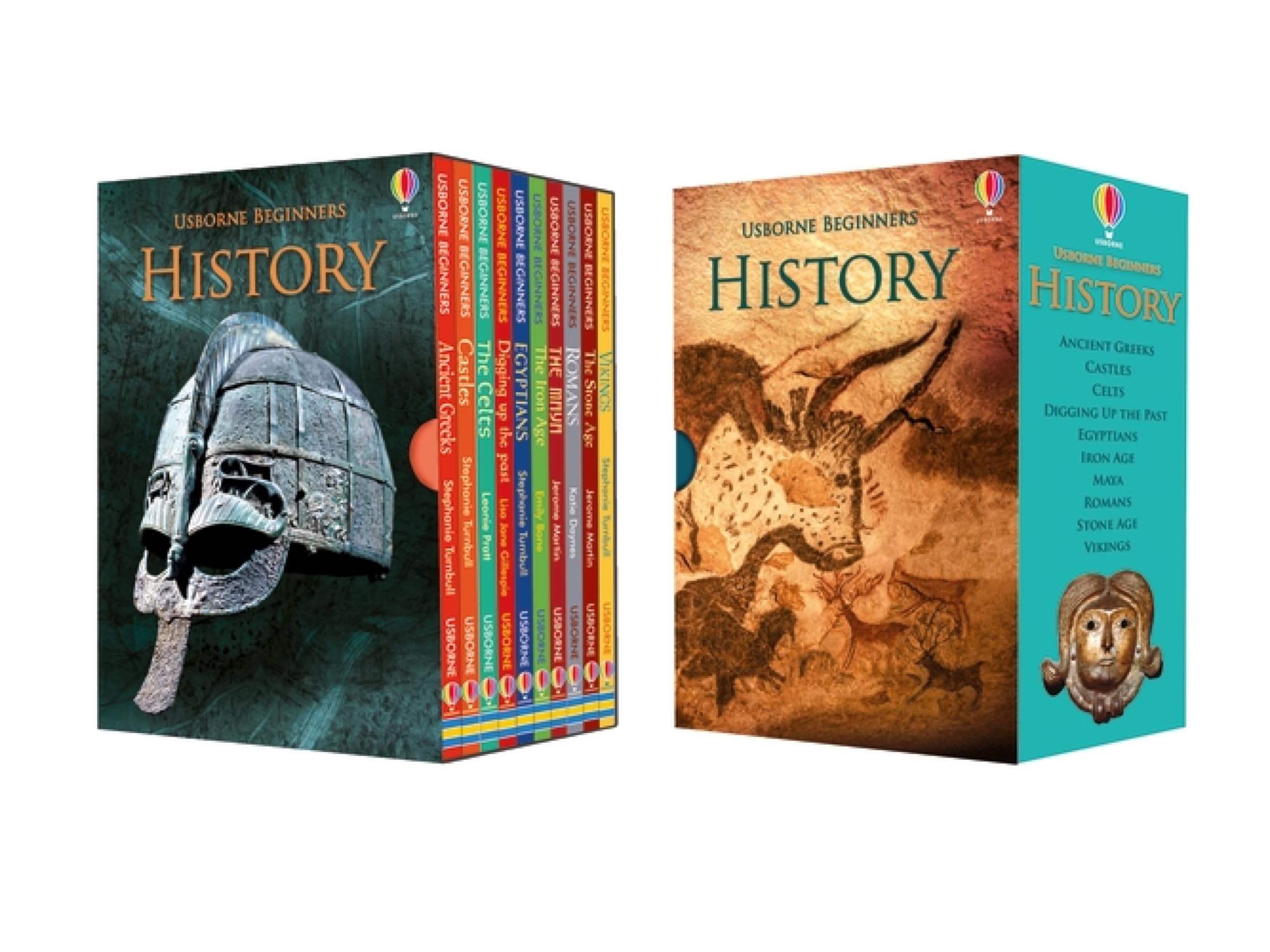All ten Usborne Beginners History hardback books fanned out showing colorful covers