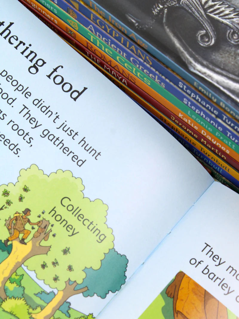 Inside page spread from an Usborne Beginners History hardback showing illustrations and captions