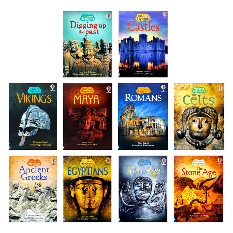 Usborne Beginners History paperback set showing Castles, Vikings, and Romans covers