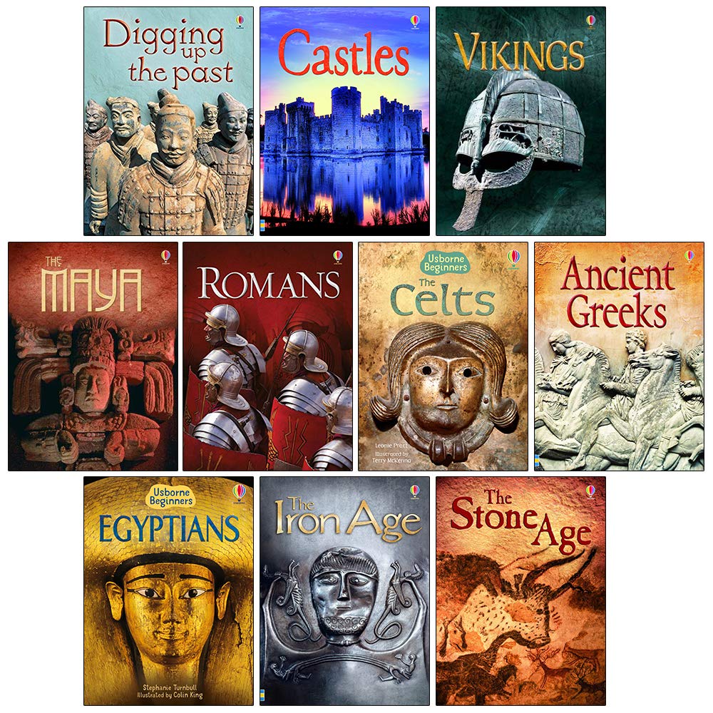 Stack of all 10 Usborne Beginners History paperback books showing spines and titles