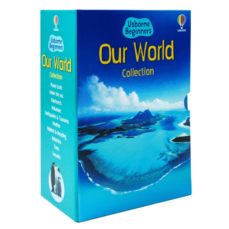 Front covers of the Usborne Beginners Our World hardback collection stacked together, showing colorful nature and Earth science titles