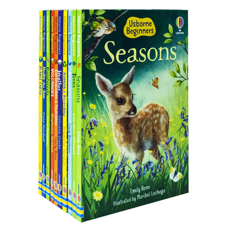 Close-up of individual Usborne Beginners hardback covers including Volcanoes, Weather, and Under the Sea from the Our World set
