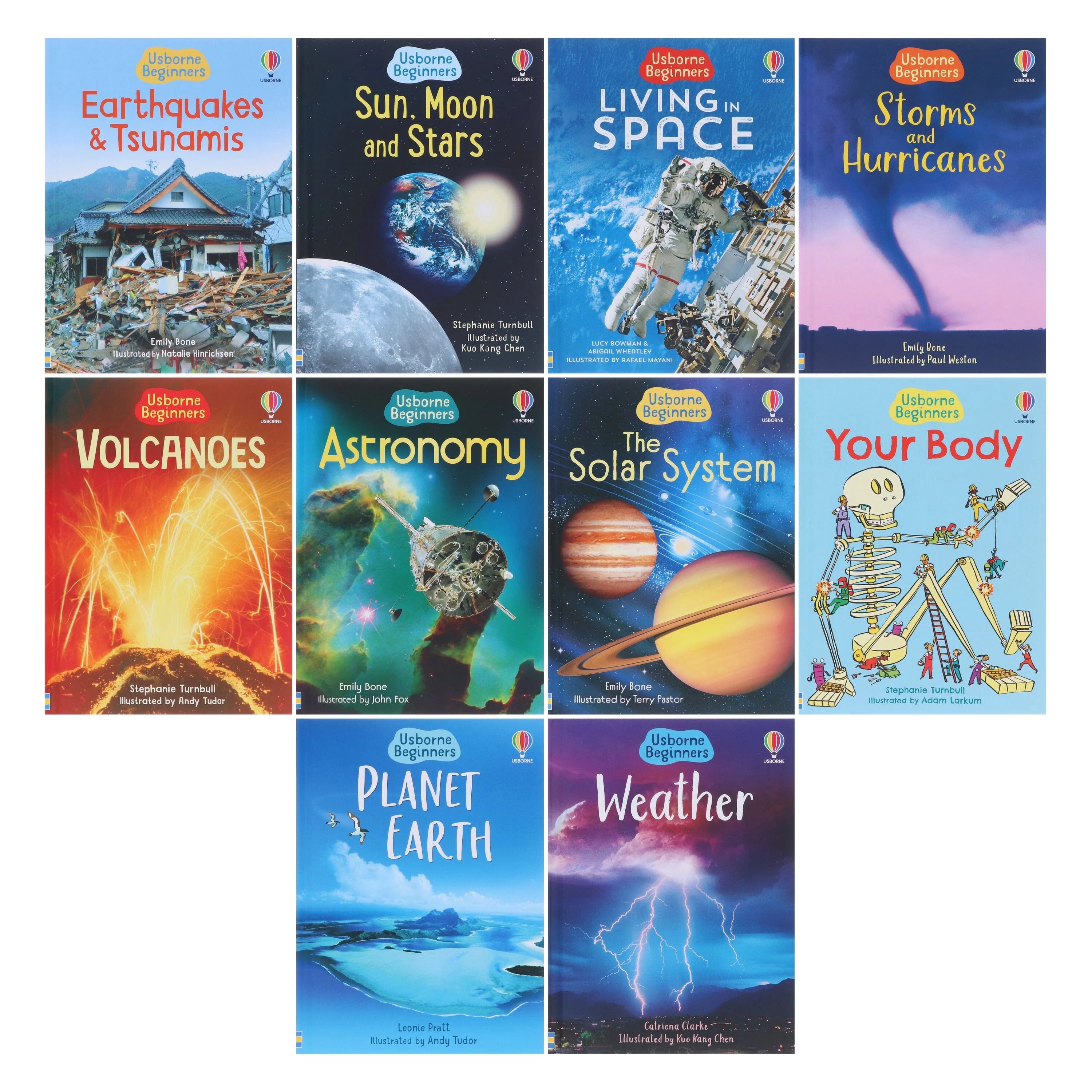 Front cover of the Usborne Beginners Science box set showing all ten hardback titles