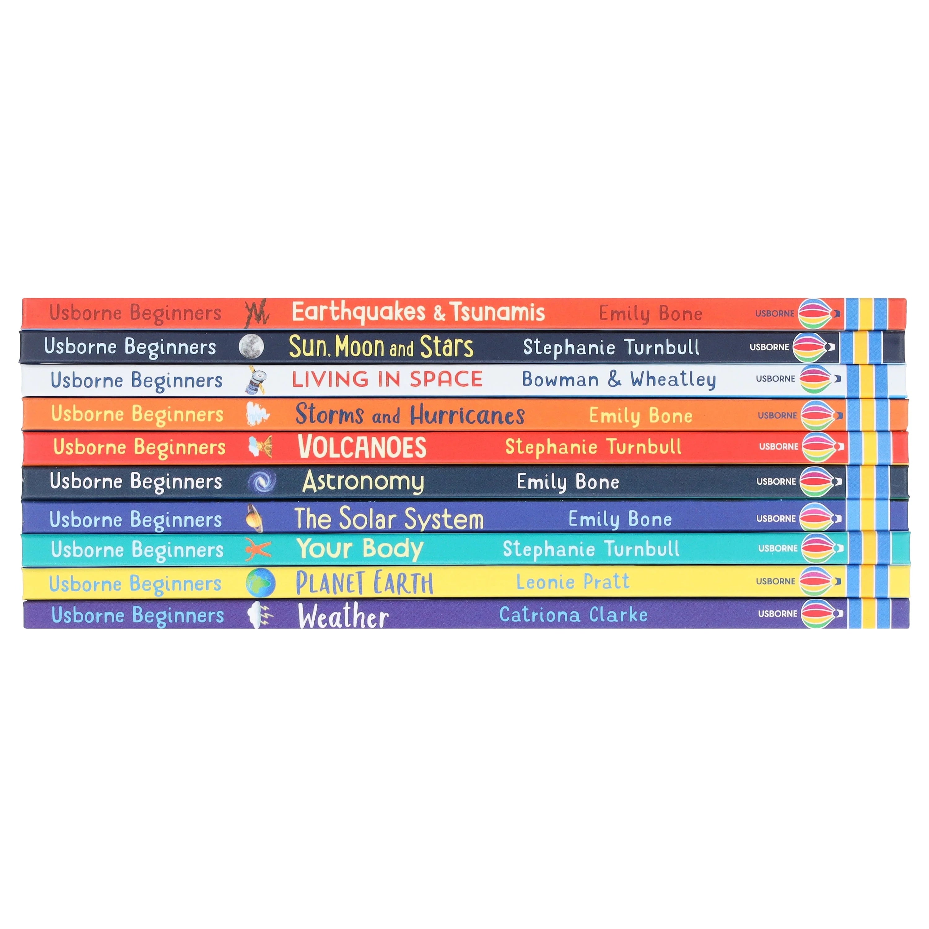 Spines of the ten Usborne Beginners Science hardcover books lined up in the collection set