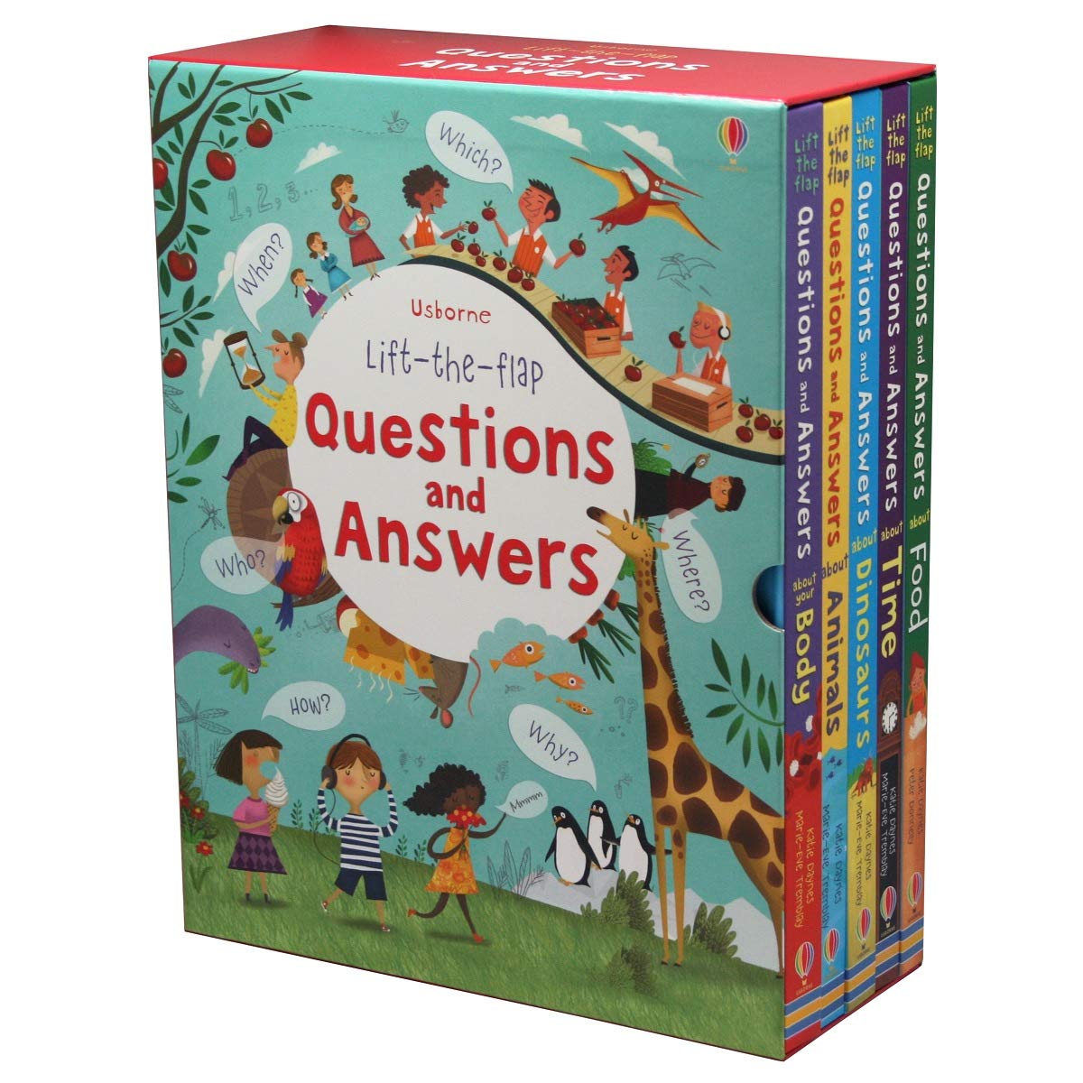 Usborne Lift-the-Flap Questions and Answers 5-book board book slipcase set by Katie Daynes, front cover of the collection