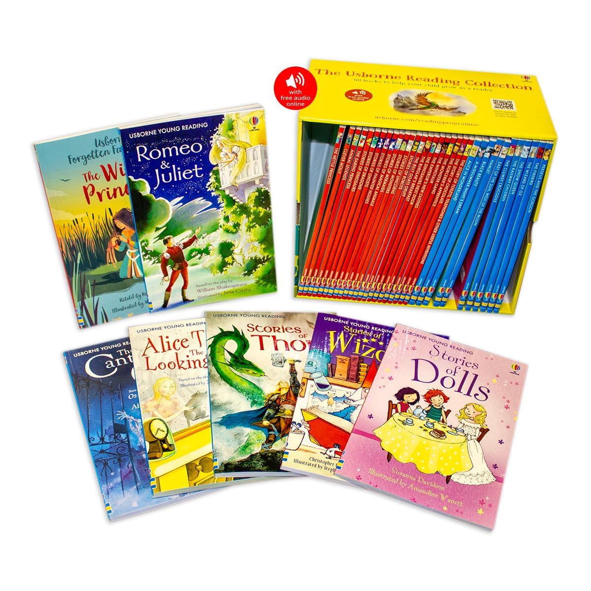 The Usborne Reading Collection - full set of 40 paperback books fanned out showing individual titles