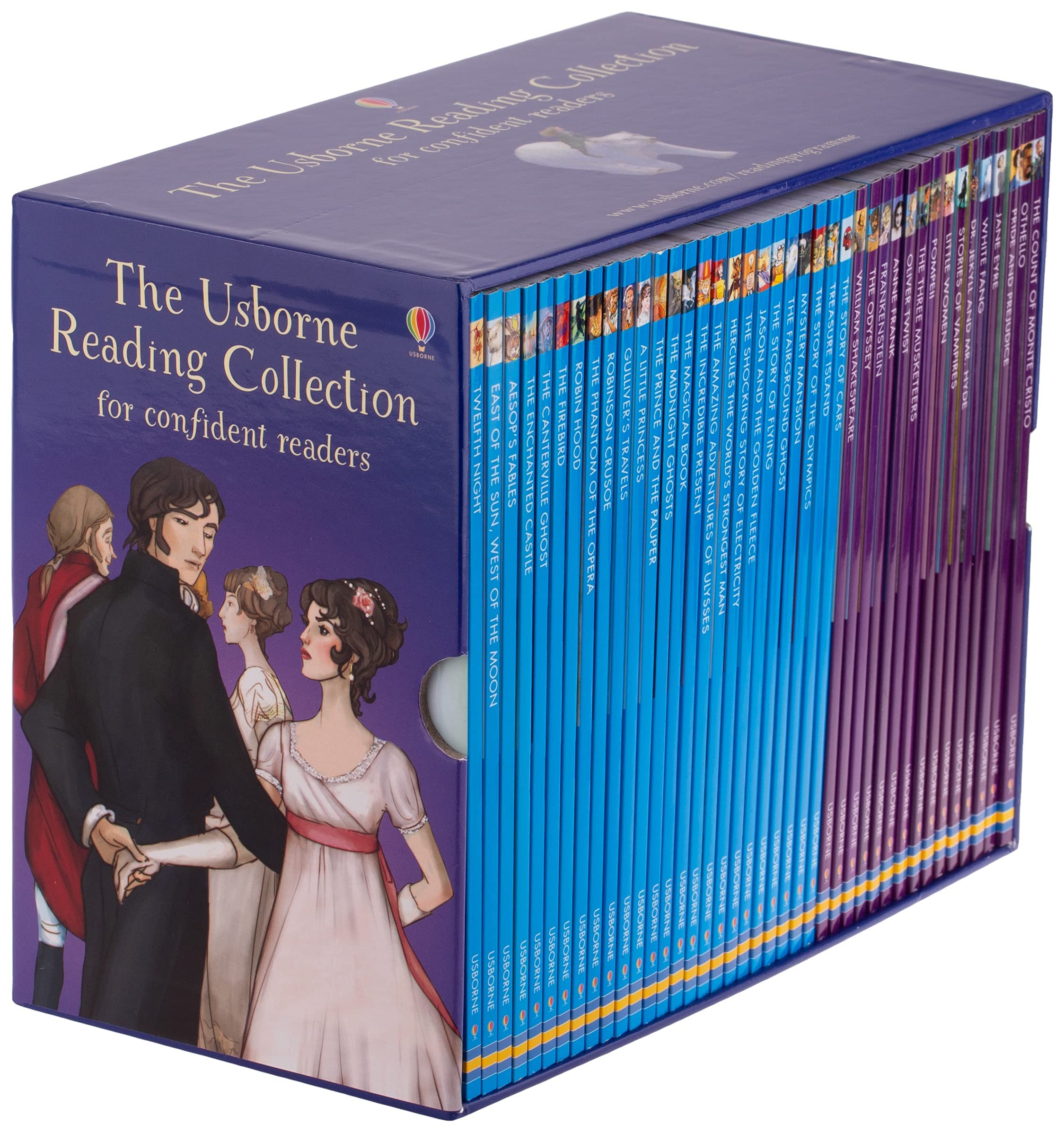 Side view of the Usborne Reading Collection 40-book box showing spines of Series Two and Series Three titles