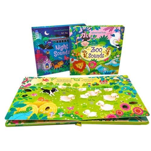 Zoo Sounds board book cover by Sam Taplin showing lions, monkeys, and zoo animals with interactive sound buttons