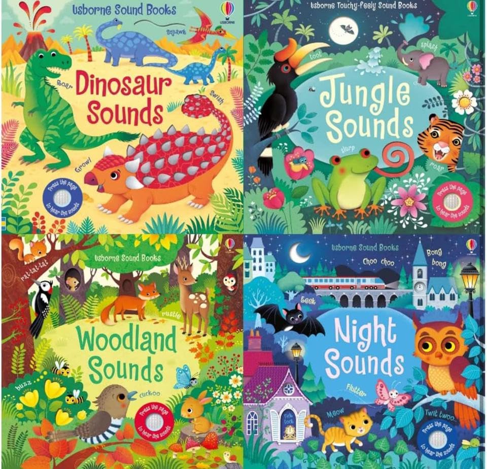 Usborne Sound Books 4-book set by Sam Taplin, board books shown together highlighting interactive sound buttons and colorful illustrations