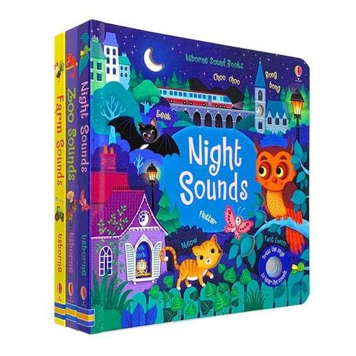 Front cover of Usborne Sound Books 3 Books Collection Set by Sam Taplin featuring Night Sounds, Zoo Sounds, and Farm Sounds board books