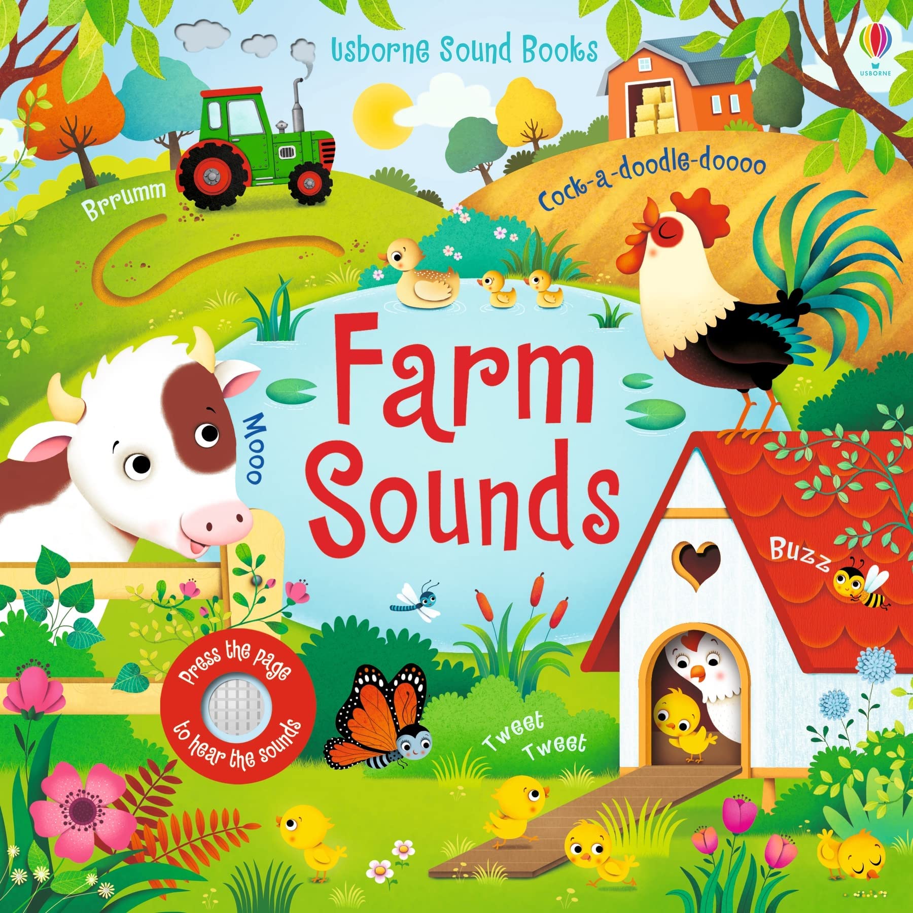 Usborne Sound Books 4-book collection fanned out, showing Farm Sounds, Bird Sounds, Garden Sounds, and Zoo Sounds board books side by side