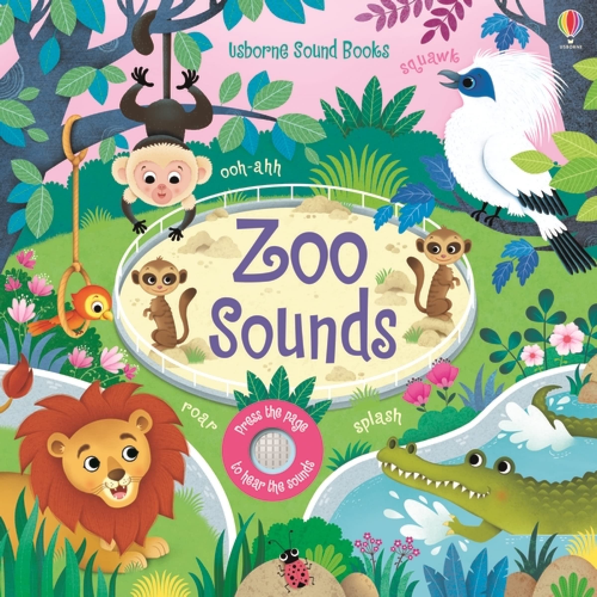 Inside page spread from an Usborne Sound Books board book, showing bright illustrations and rhythmic text for early readers