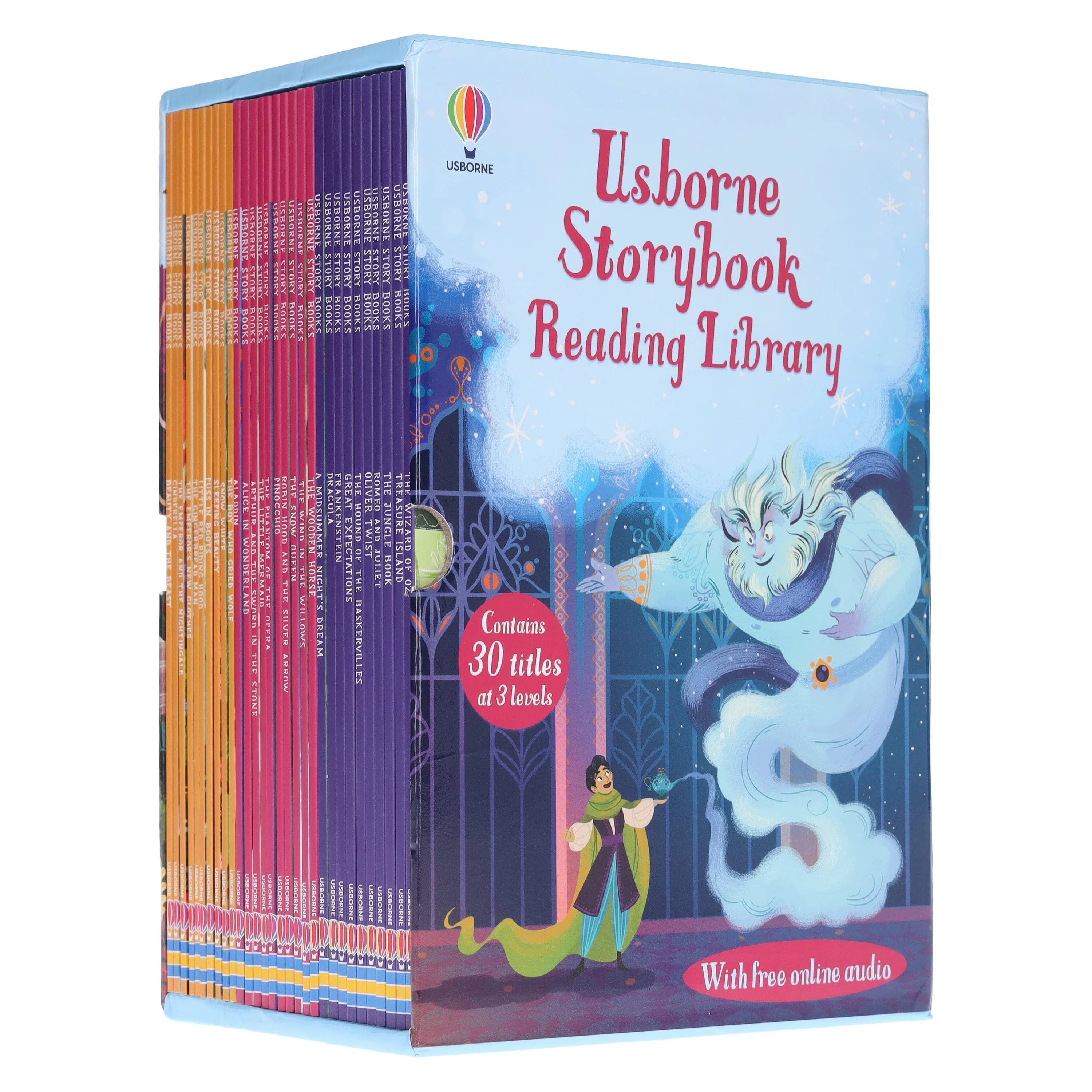 All 30 Usborne Storybook Reading Library paperback books fanned out showing covers