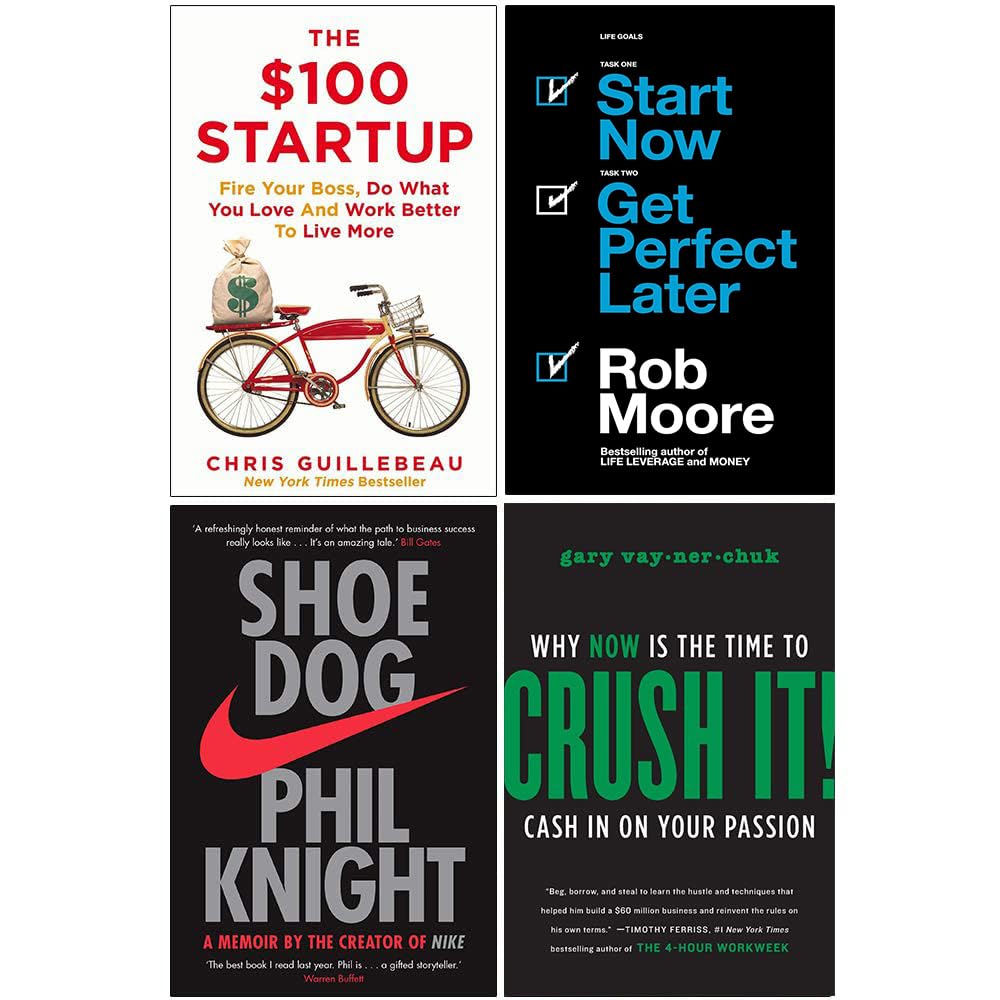 V by Gary Vaynerchuk & Others 4 Books Collection Set paperback - front covers of The $100 Startup, Start Now Get Perfect Later, Shoe Dog, and Crush It!