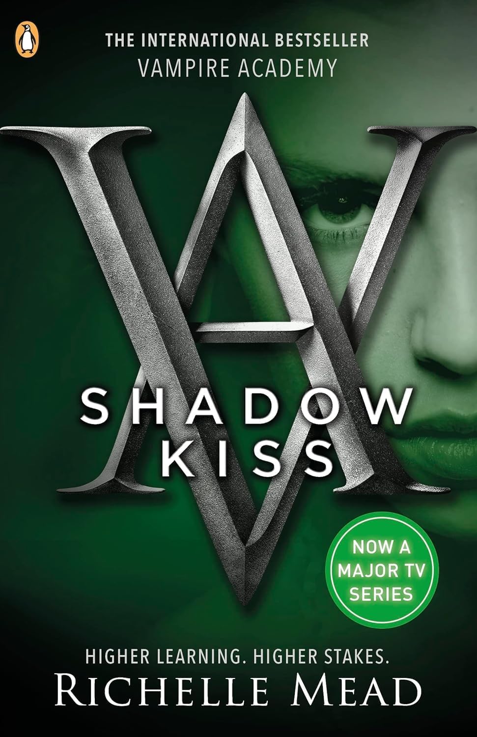 Close-up of Vampire Academy paperback book 1 front cover by Richelle Mead