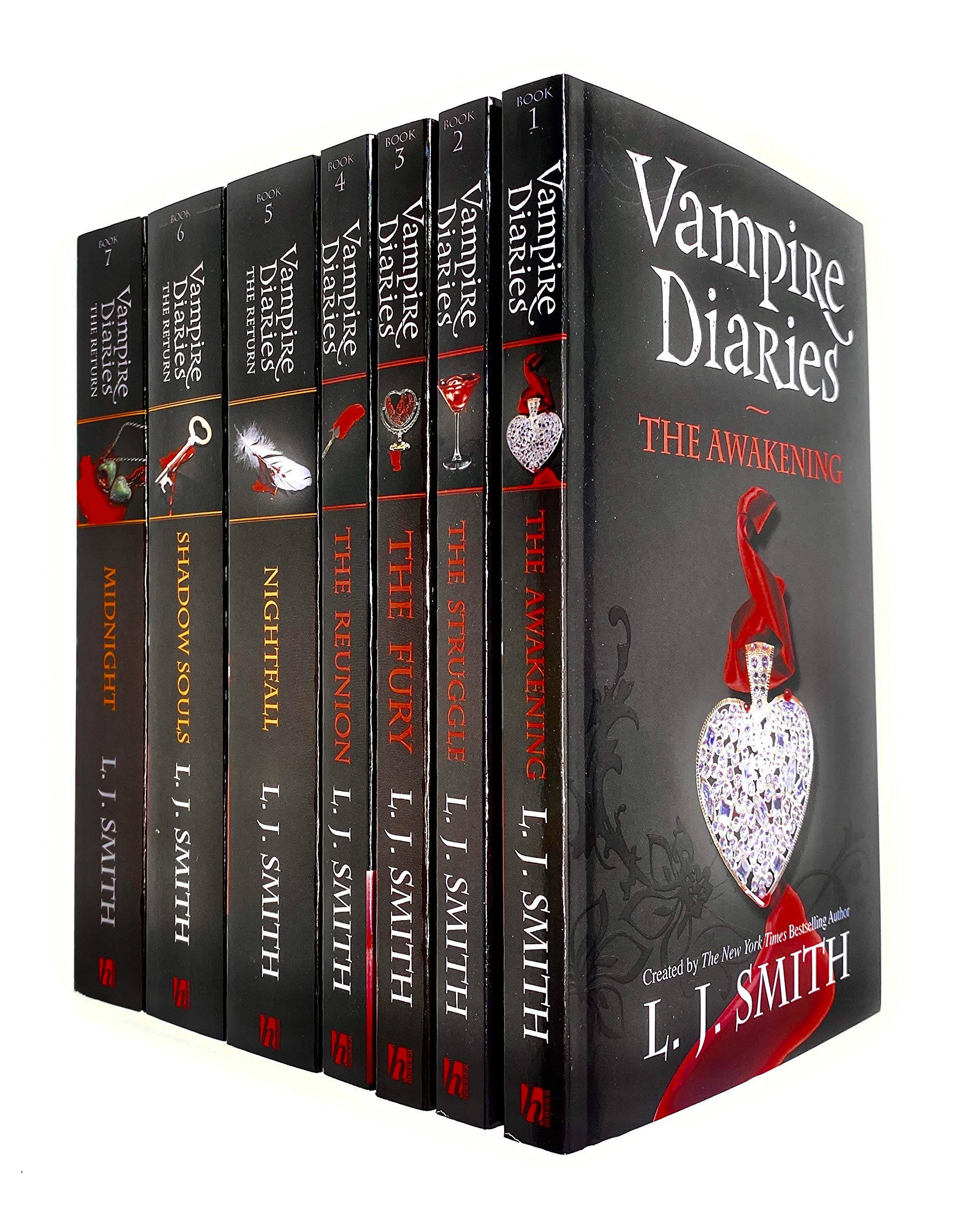 Full set of seven Vampire Diaries paperback books by L. J. Smith fanned out, including The Awakening and The Return trilogy titles