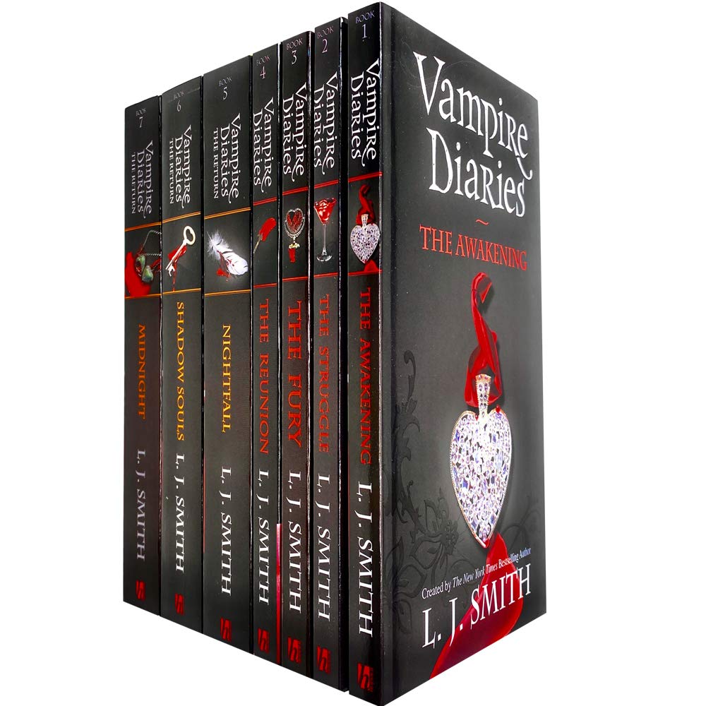 Front cover of The Vampire Diaries 7 books paperback collection set by L. J. Smith, Young Adult vampire romance series