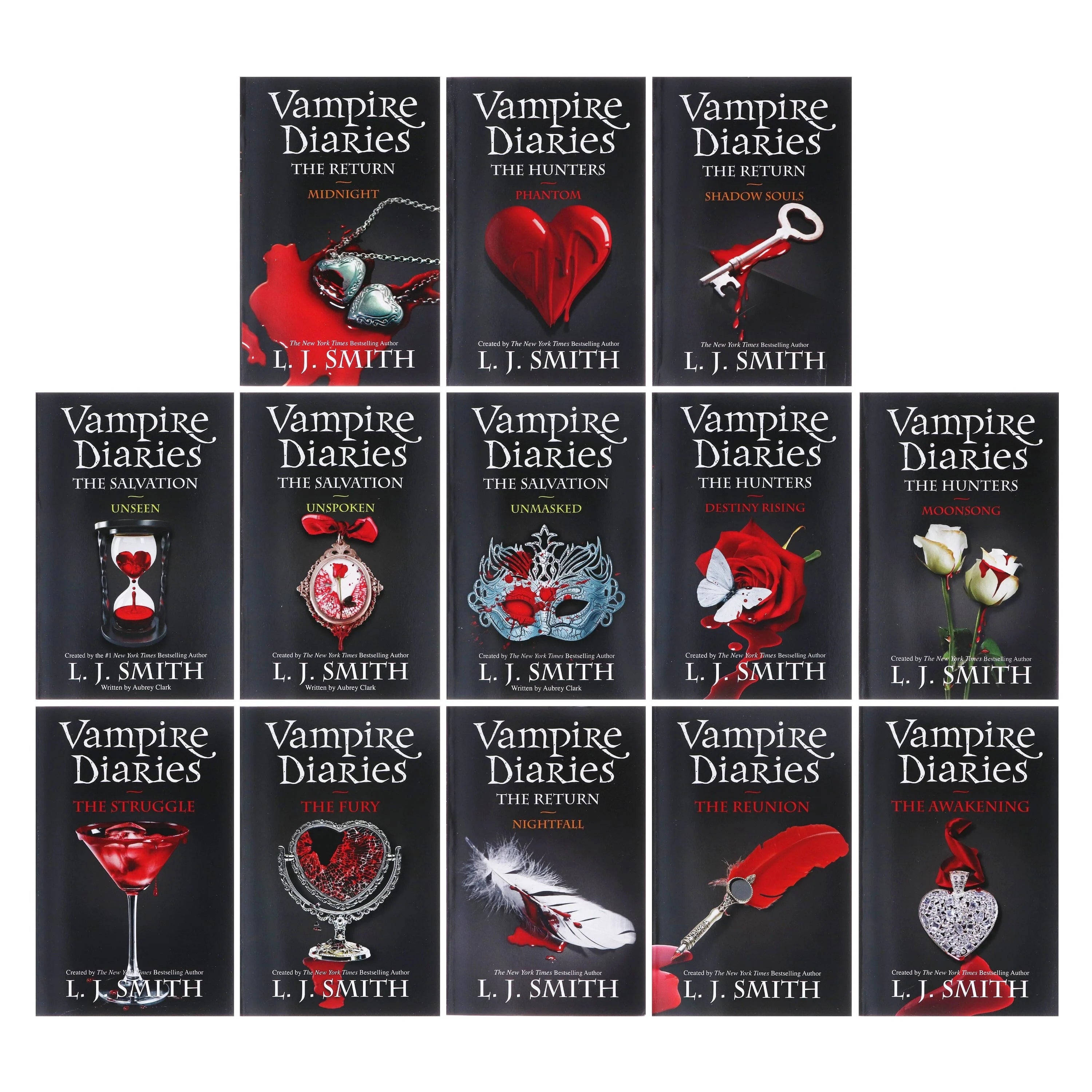 All 13 Vampire Diaries paperback books by L. J. Smith fanned out showing individual cover designs