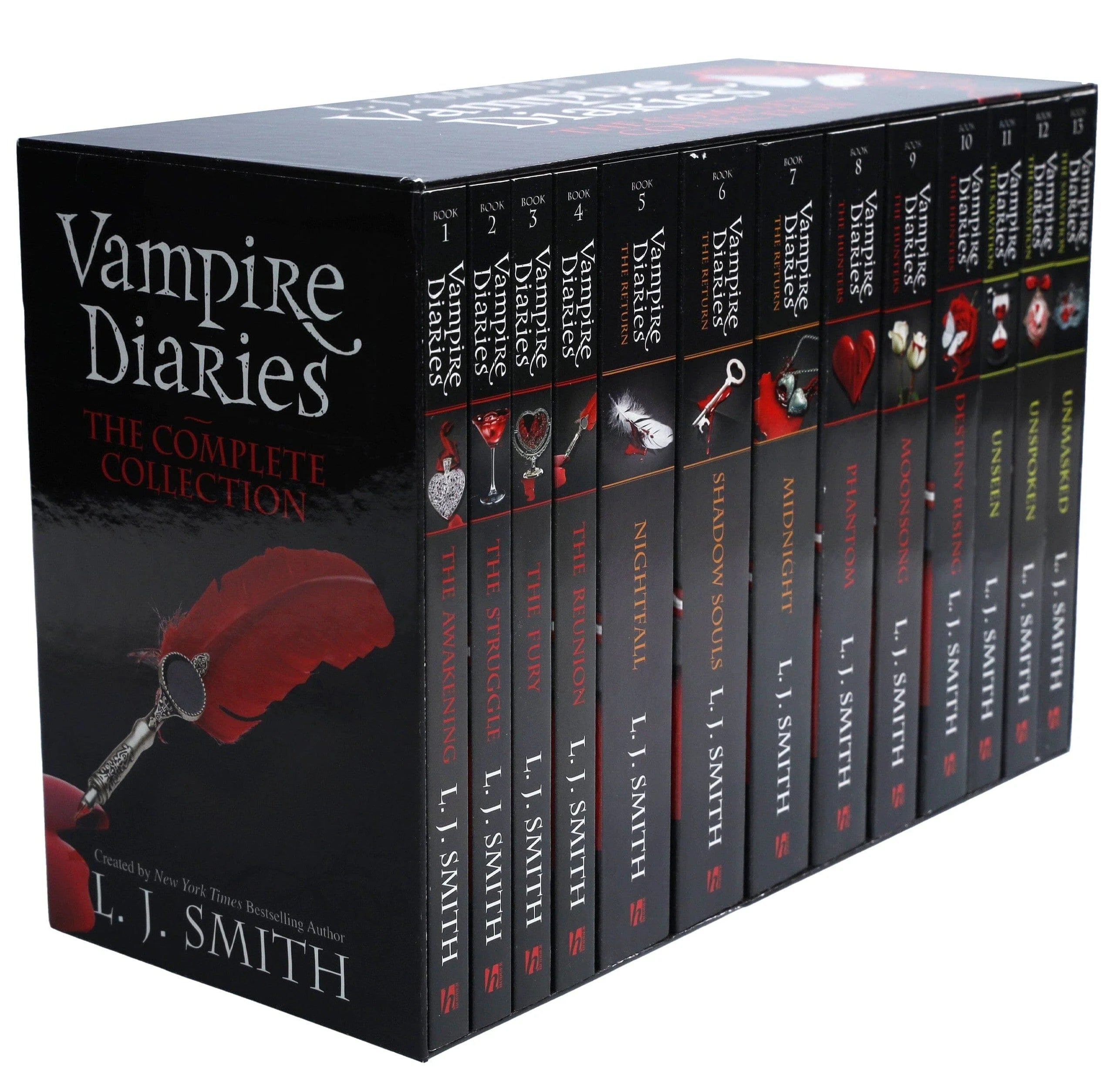 Close-up of Vampire Diaries paperback book spines and covers from the 13-book box set by L. J. Smith
