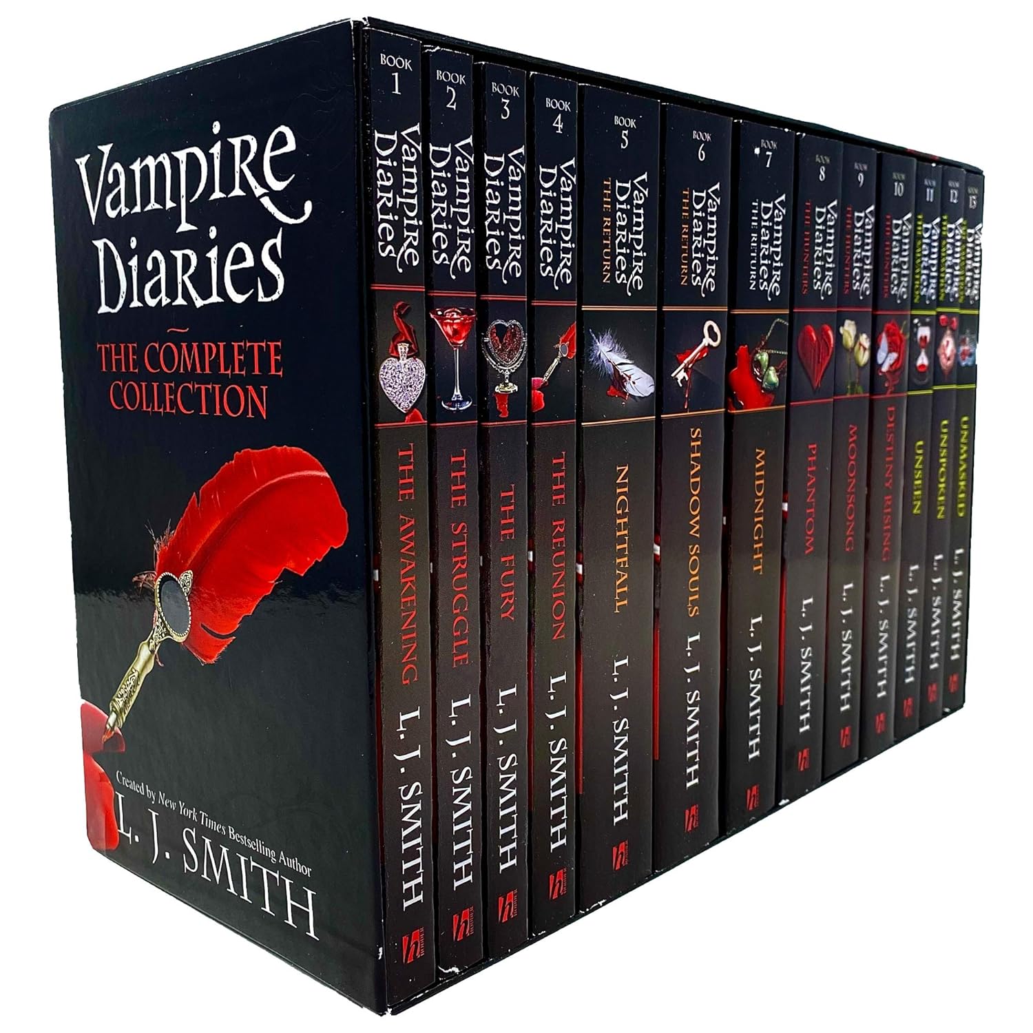Back cover and box packaging of the Vampire Diaries 13-book paperback collection by L. J. Smith