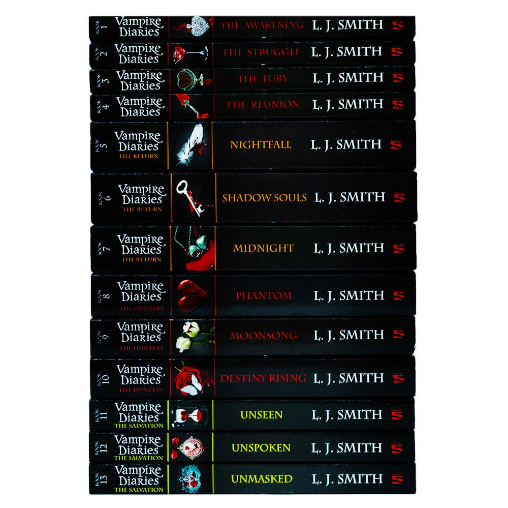 Stacked view of Vampire Diaries 13-book paperback set by L. J. Smith showing full collection depth