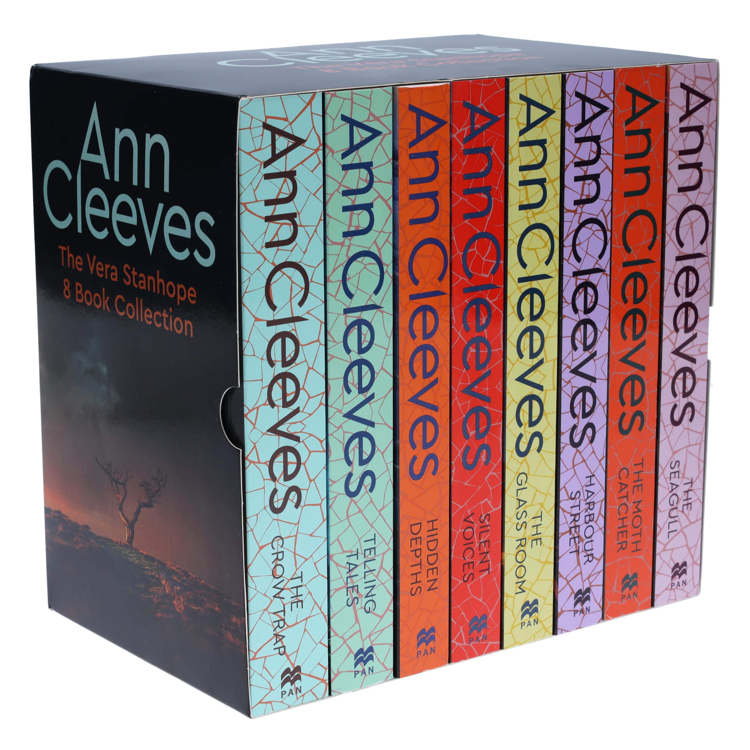 Angled view of all eight Vera Stanhope paperback novels by Ann Cleeves showing uniform spine design.