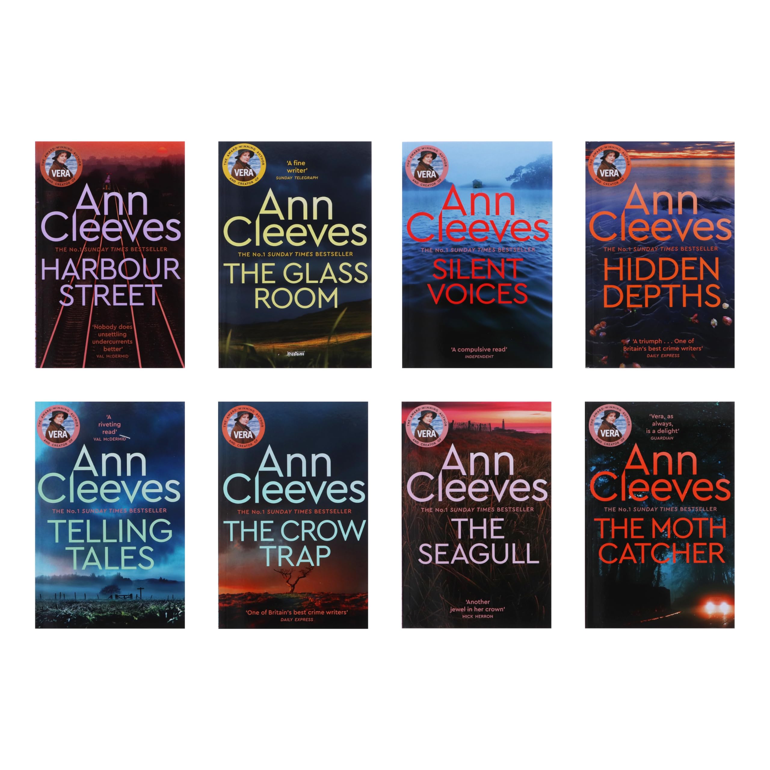 Close-up of individual Vera Stanhope paperback covers by Ann Cleeves featuring detective crime fiction artwork.