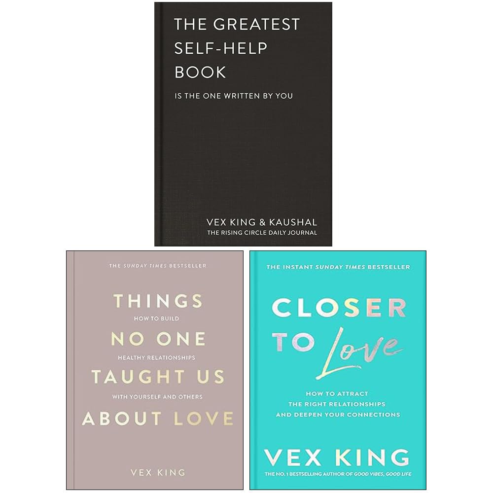 Vex King 3 Books Collection Set (Mixed Format) showing close-up of the three motivational non-fiction covers together — Things No One Taught Us About Love, The Greatest Self-Help Book, and Closer to Love.