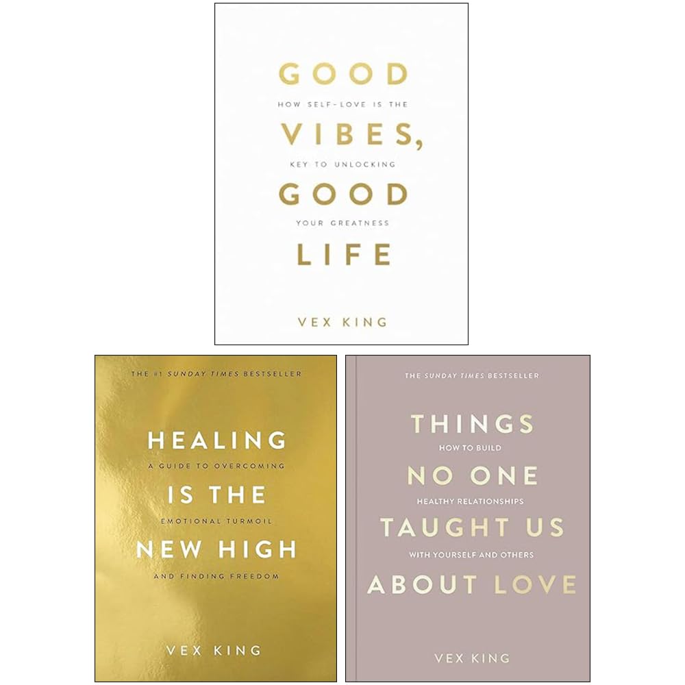 Vex King 3 Books Collection Set paperback front covers of Things No One Taught Us About Love, Good Vibes Good Life, and Healing Is the New High, shown together.
