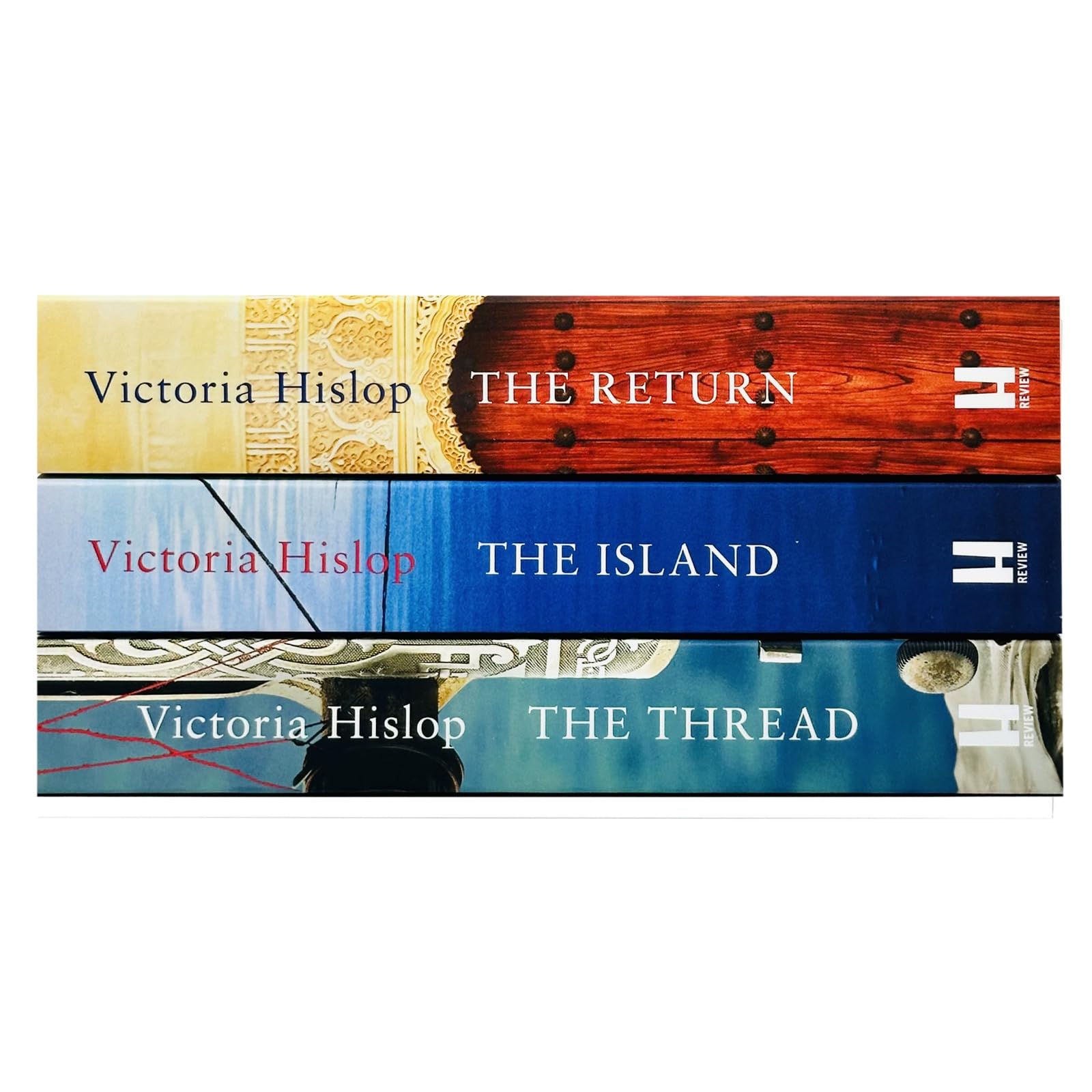 Close-up of the Victoria Hislop paperback collection covers with the author's name and titles clearly displayed.