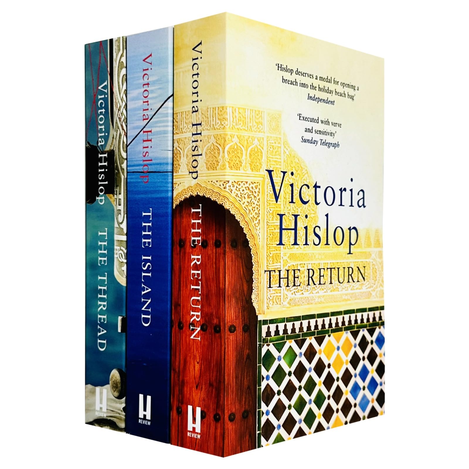 Victoria Hislop 3-Book Collection Set in paperback - The Island, The Return, and The Thread stacked together showing front covers.