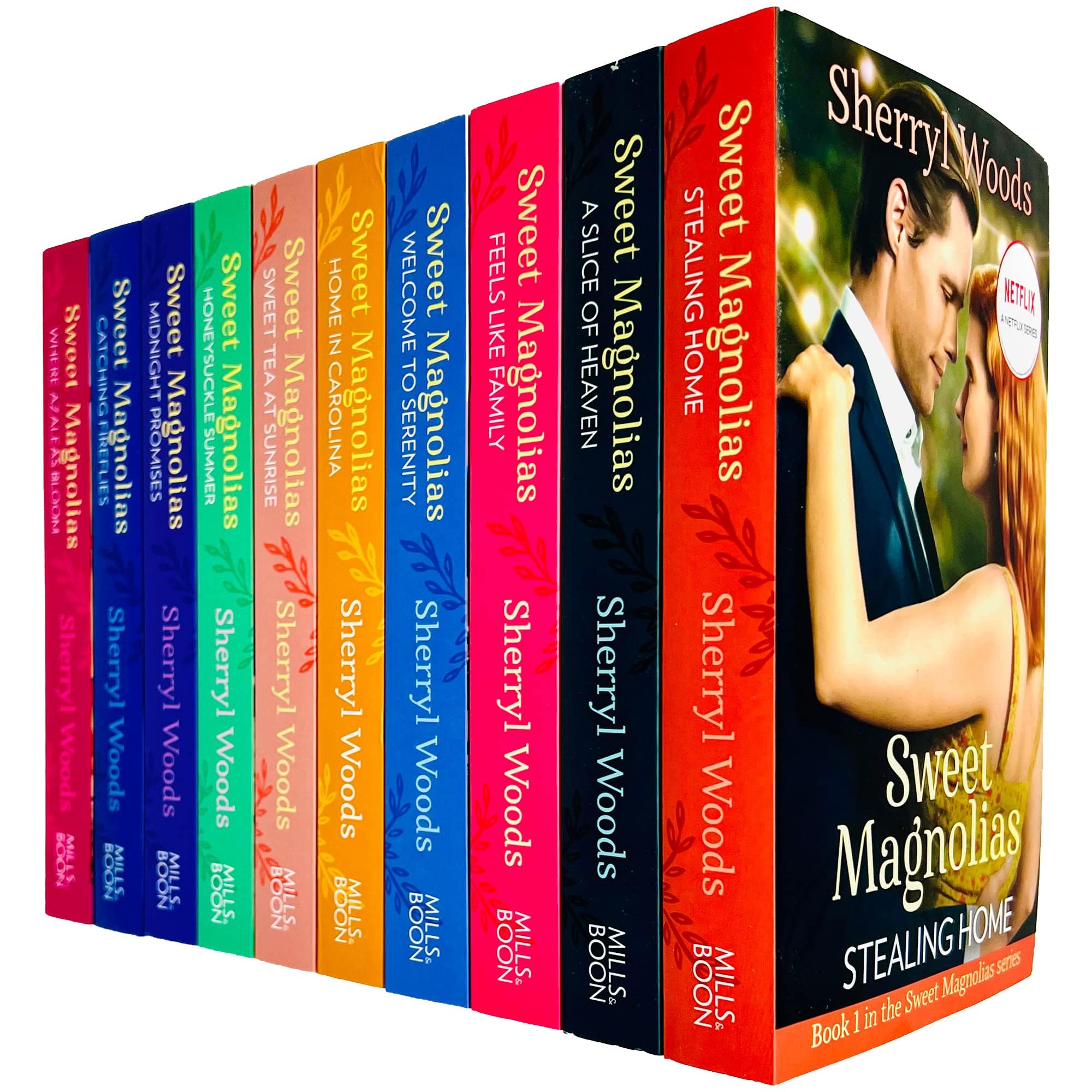 Full 20-book paperback set of Virgin River and Sweet Magnolias novels fanned out showing all individual titles