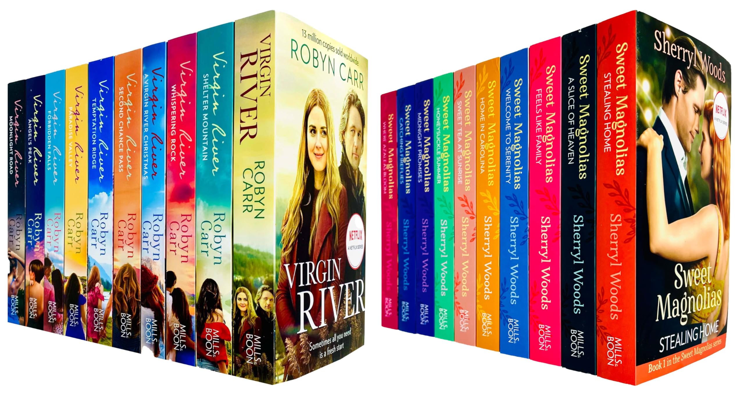 Virgin River and Sweet Magnolias 20 Books Collection Set by Robyn Carr and Sherryl Woods, paperback front cover box art