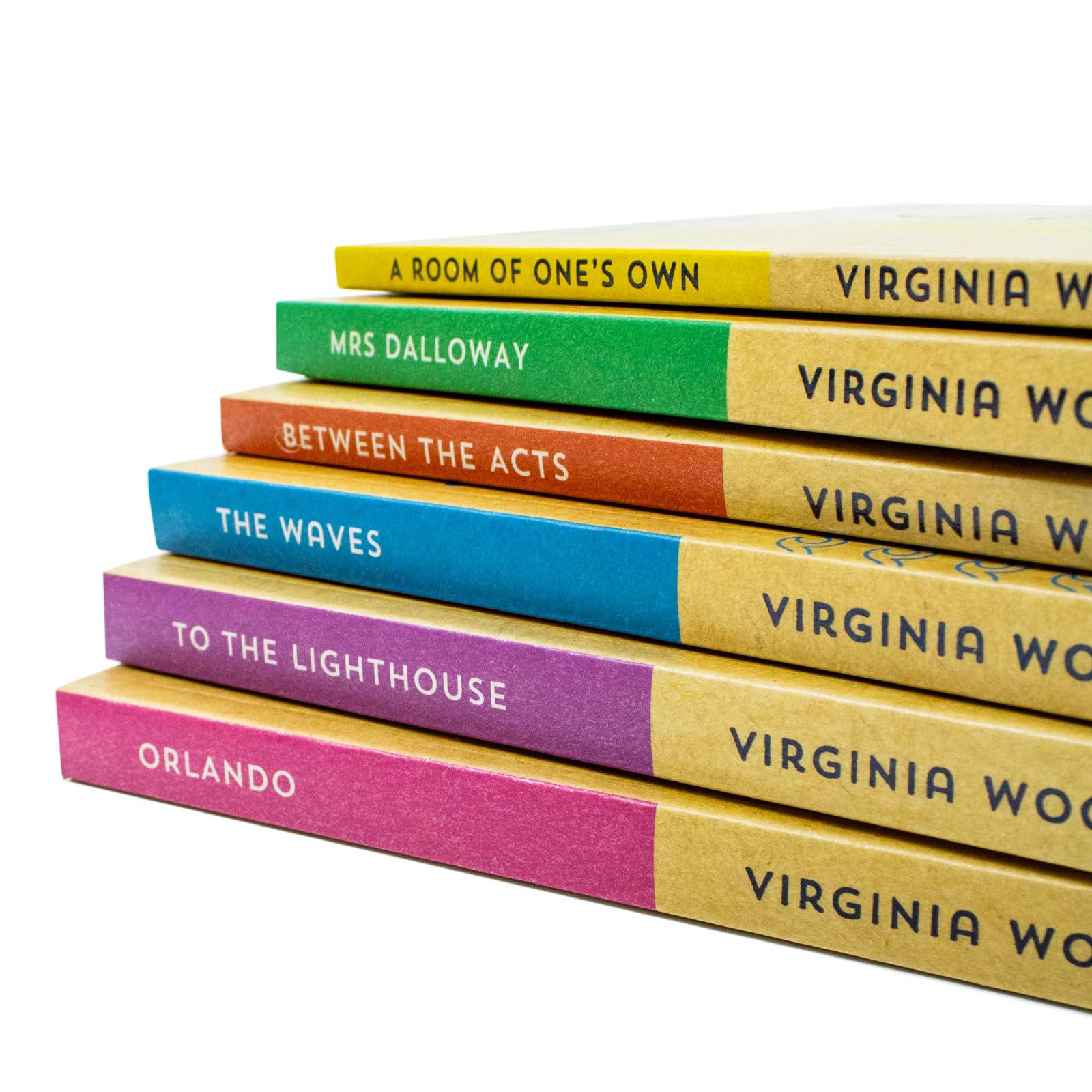 Angled shot of the Virginia Woolf Collection 6 Books Set showing paperback spines and covers