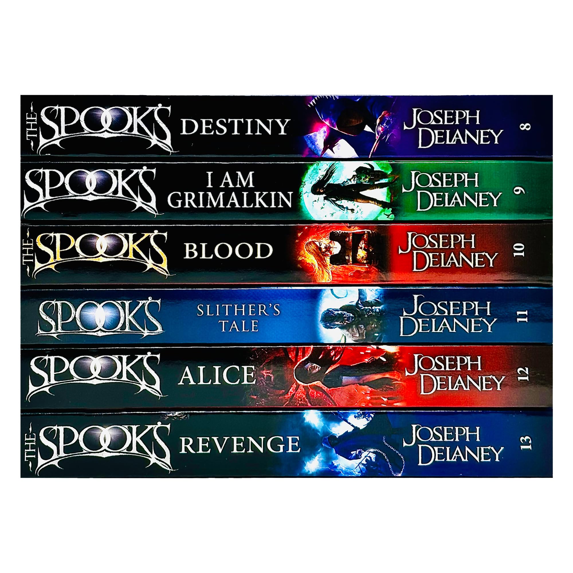 All six Wardstone Chronicles paperback books by Joseph Delaney fanned out showing individual cover artwork