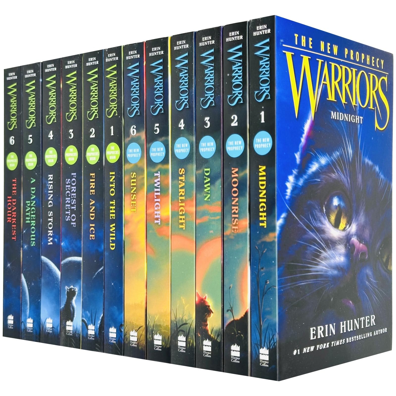 Warriors 12 paperback books by Erin Hunter fanned out showing The Prophecies Begin and New Prophecy covers