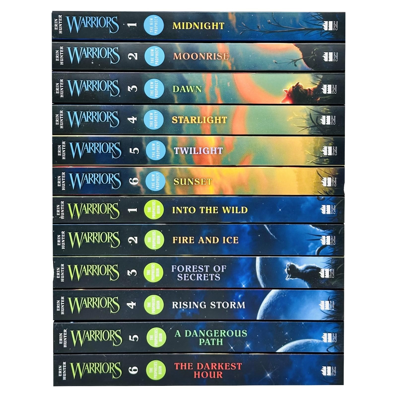 Close-up of Warriors paperback book spines by Erin Hunter showing Into the Wild through Sunset titles