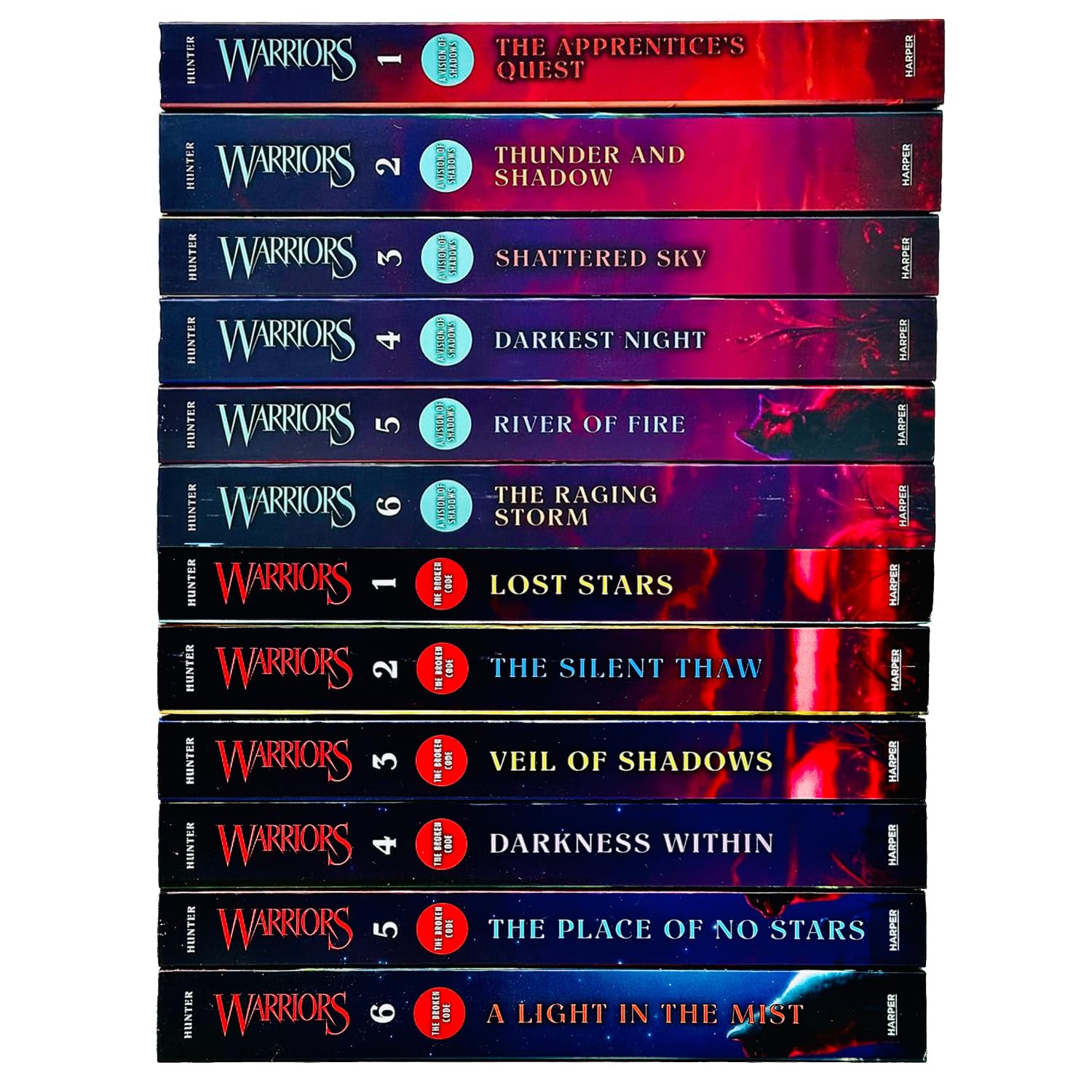 Full Warriors Volumes 25-36 12 book set by Erin Hunter fanned out showing all paperback spines from the Complete Fifth and Sixth Series