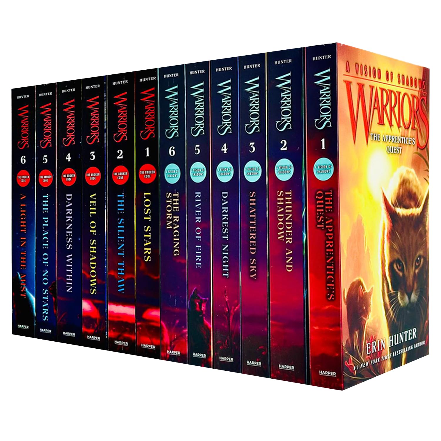 Warriors Volumes 25-36 by Erin Hunter 12 book paperback collection set front cover artwork showing Vision of Shadows and Broken Code series box sets