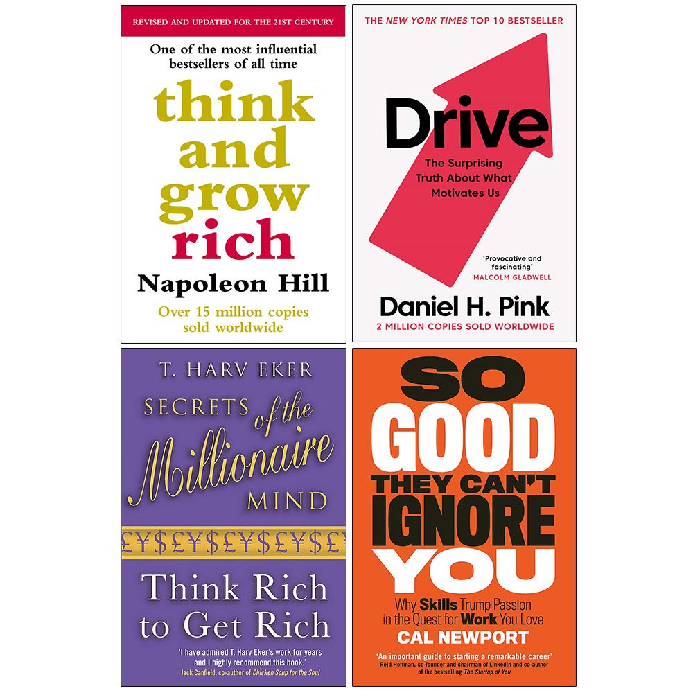 Wealth Mind 4 Books Collection Set paperback front cover featuring Think and Grow Rich, Drive, Secrets of the Millionaire Mind and So Good They Can't Ignore You