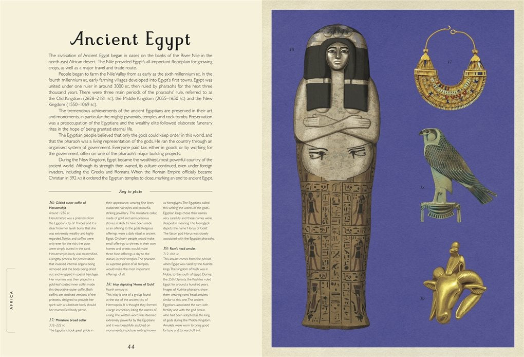 Inside page spread of Historium showing illustrated ancient artifacts with timeline and captions