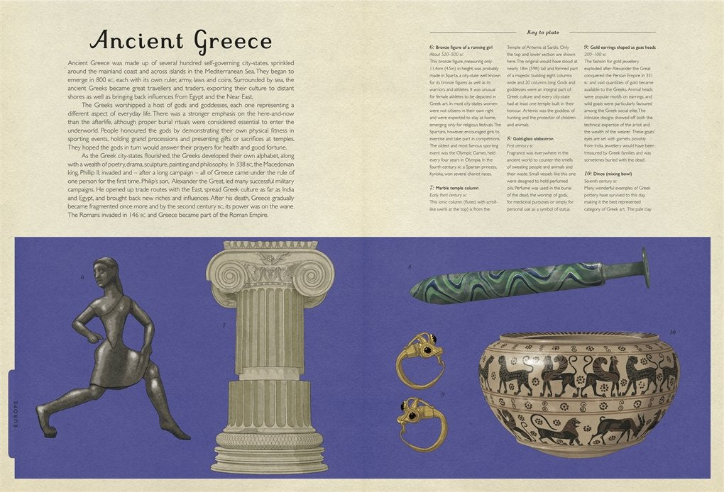 Historium interior gallery spread featuring historical artifacts organized by region and era