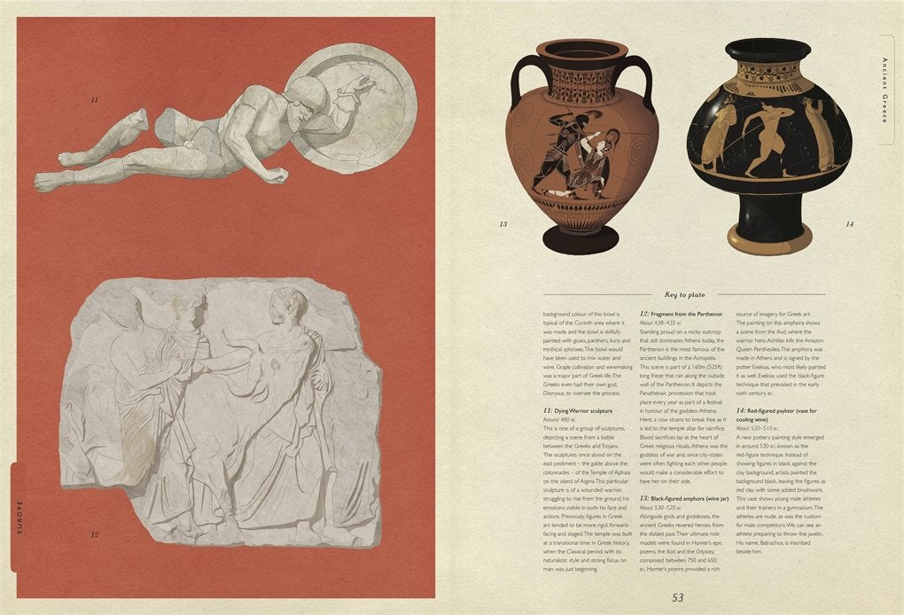 Close-up detail of Historium's illustrated artifacts and museum-style captions inside the book