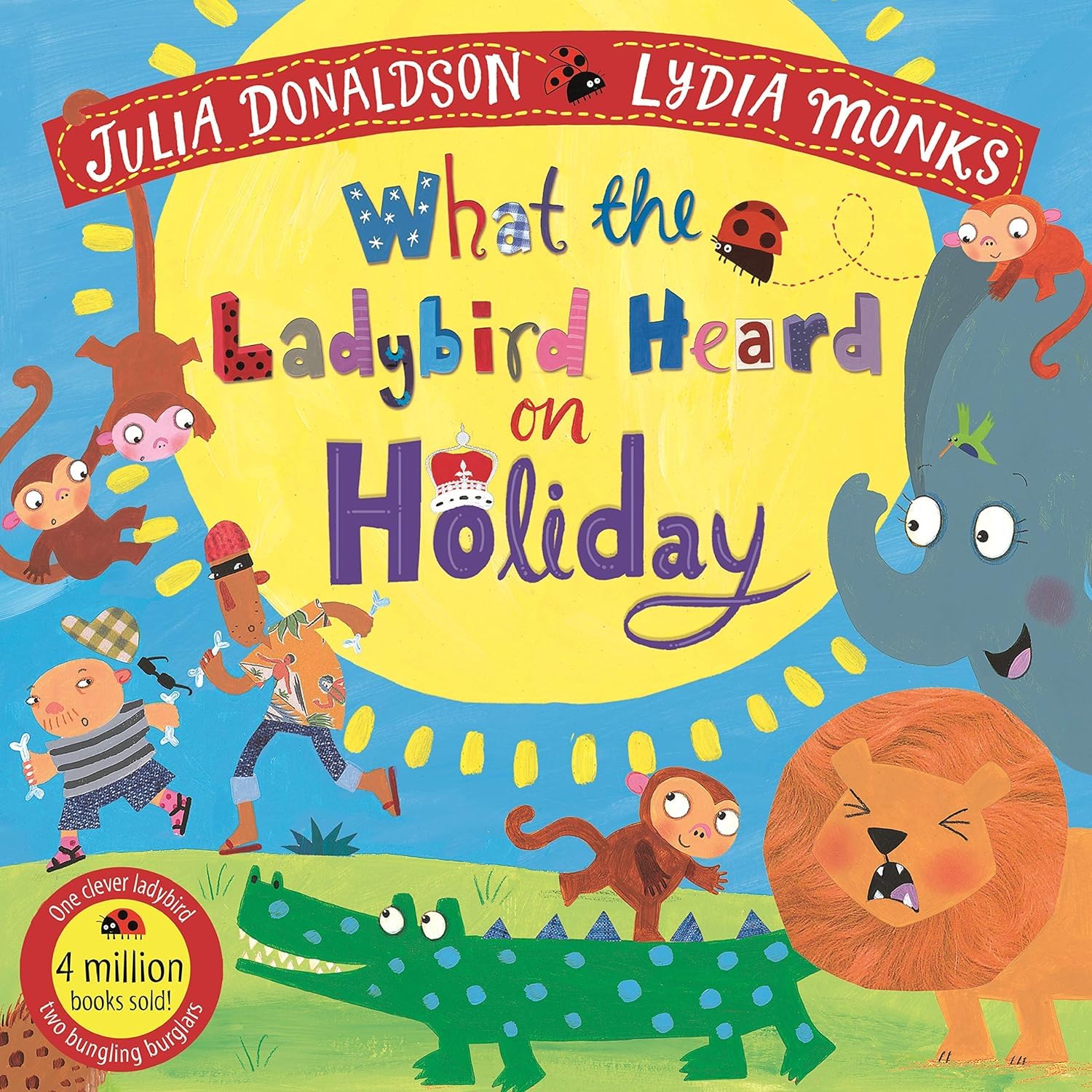 Inside page spread from What the Ladybird Heard showing Julia Donaldson's rhyming text and Lydia Monks' illustrations