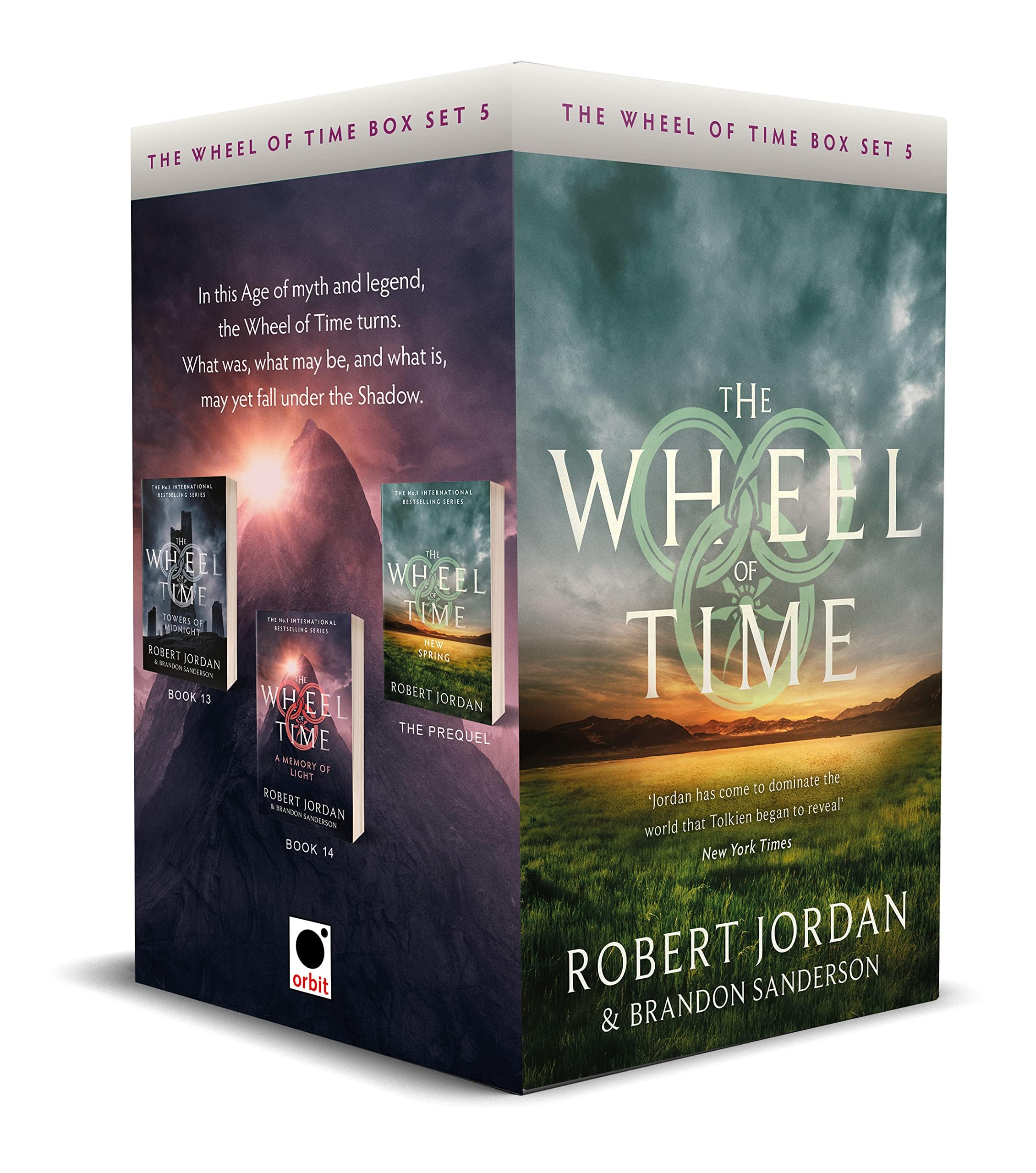 All three paperback books in the Wheel of Time Box Set 5 fanned out, showing Towers of Midnight, A Memory of Light, and New Spring spines