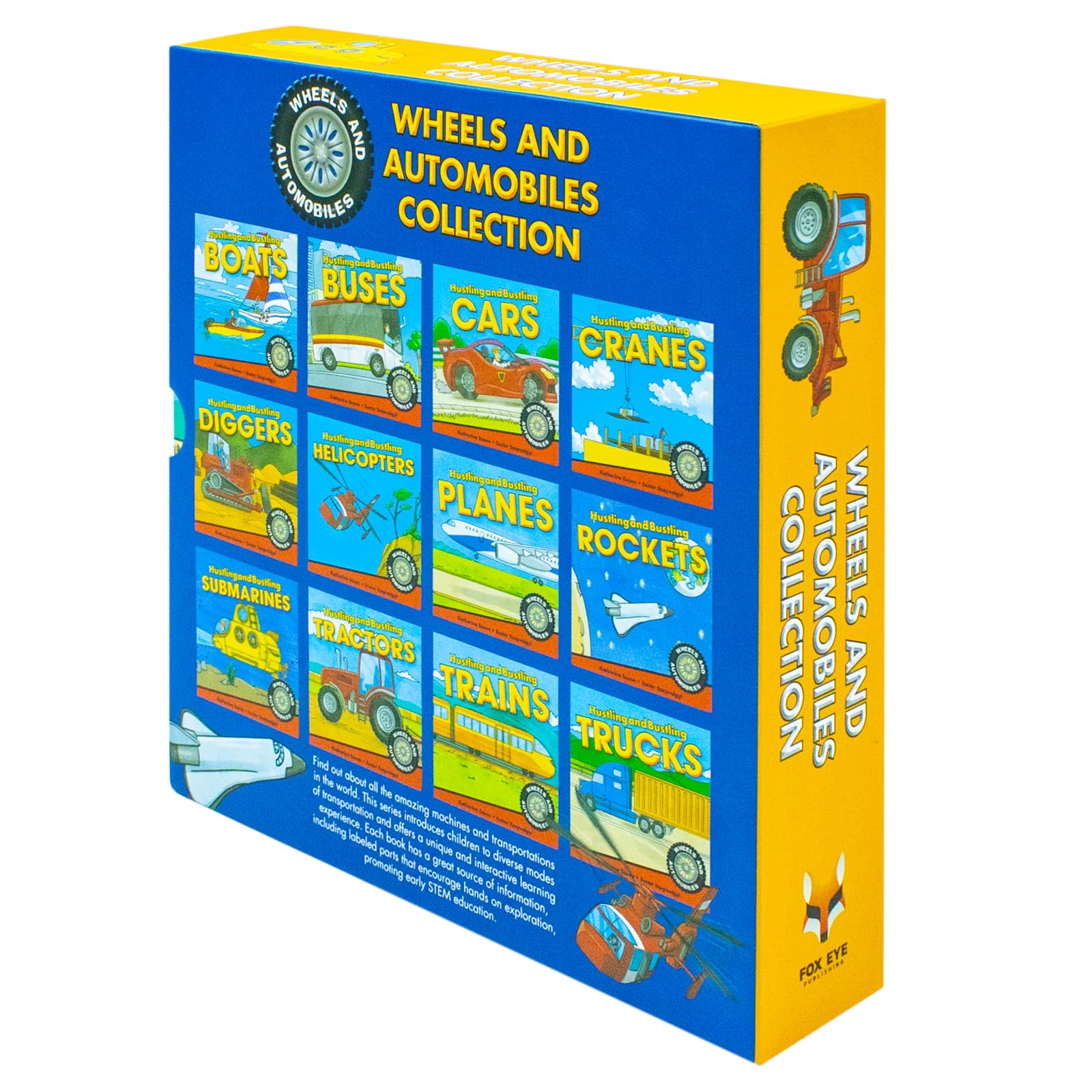 Back cover of the Wheels and Automobiles Collection paperback set with book descriptions for ages 5-7
