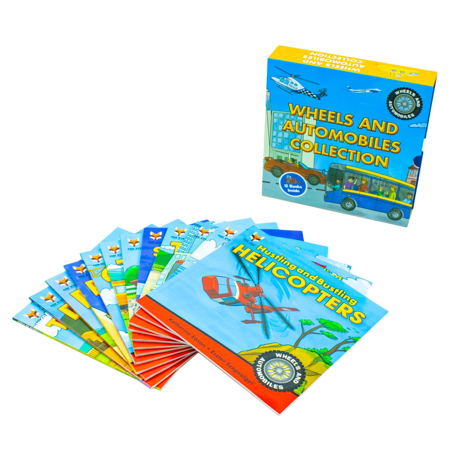 Close-up of individual book covers in the Wheels and Automobiles Collection, including Trucks, Planes, and Helicopters