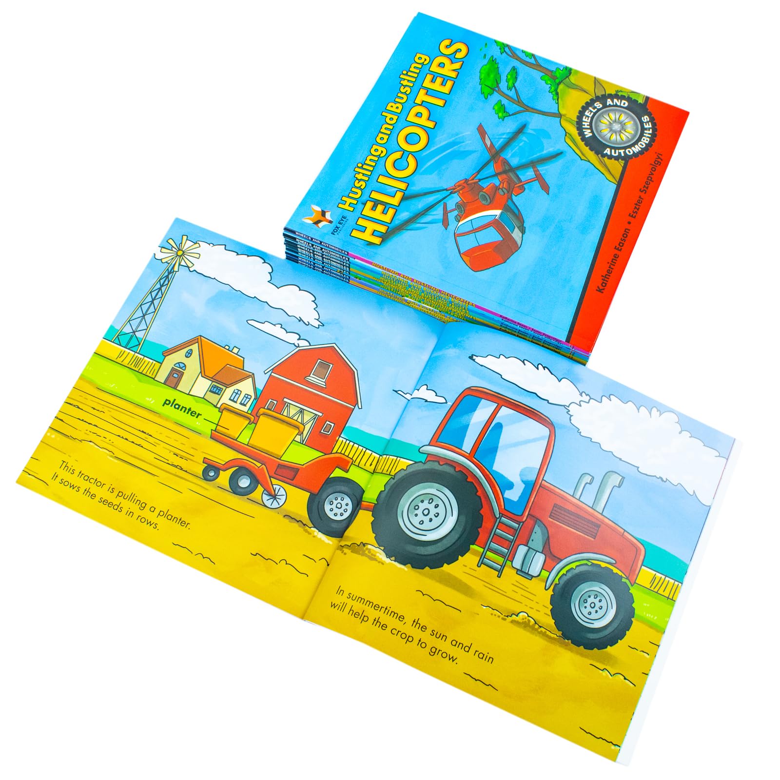 Wheels and Automobiles Collection paperbacks arranged in a row showing Cranes, Tractors, Diggers, and Submarines titles