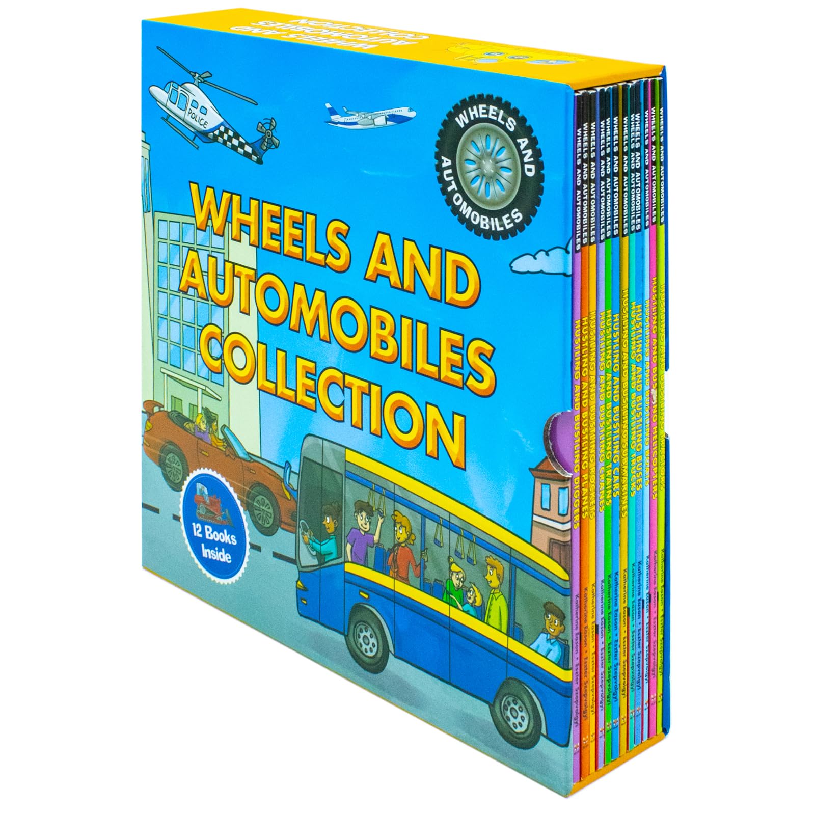 Wheels and Automobiles Collection 12-book paperback set by Katherine Eason, front cover artwork showing vehicles and machines